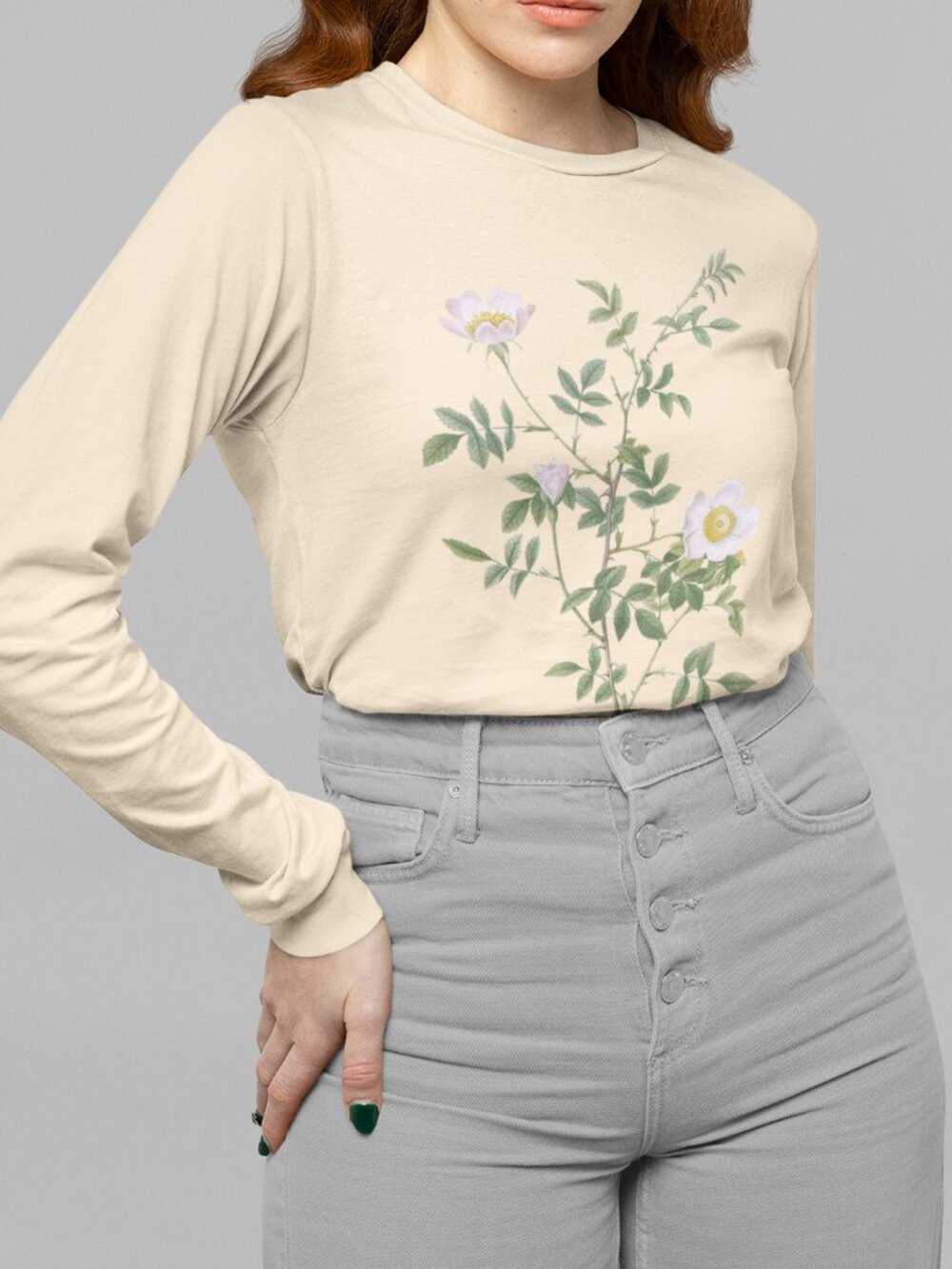 Pink Hedge Rose Vintage Floral Print Long Sleeve Graphic Tee T-shirt S-XXL